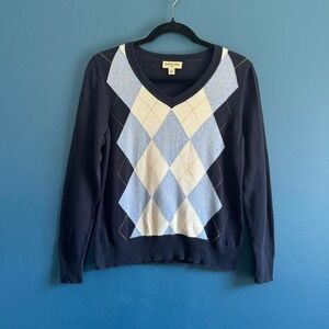 Argyle Navy Blue Sweater Women's Size Medium Petite Cotton Preppy Twee Retro